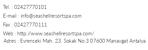Seashell Resort & Spa telefon numaralar, faks, e-mail, posta adresi ve iletiim bilgileri